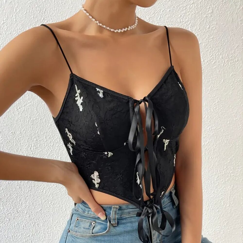 Embroidery Lace Up Camis Corset Style Top S/M